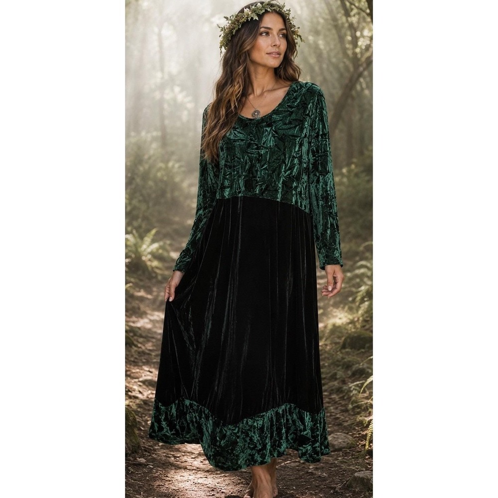 Vtg Studio Ease Green Crushed Velvet Maxi Dress Whimsy Boho Forest Fairy 20W